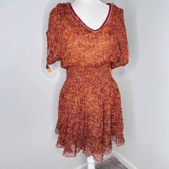 NWT Poupette St Barth Jena Ruffled Smocked Leopard Orange Mini Silk Dress M - Picture 1 of 7